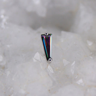 Mystic topaz iridescent purple/green duochrome multichrome tapered baguette genuine natural stone in tapered baguette shape by junipurr jewellery. set in 14k white gold threadless push fit attachment,