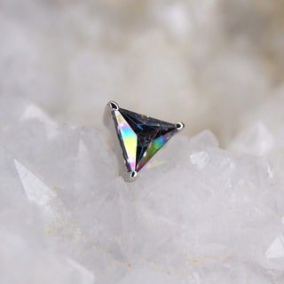 triangular cut gem. iridescent duochrome mystic topaz. green and purple rflective genuine gemstone set in 14k white gold. gift idea for him for her piercing lovers earrings from junipurr