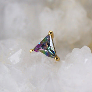 triangular cut gem. iridescent duochrome mystic topaz. green and purple rflective genuine gemstone set in 14k white gold. gift idea for him for her piercing lovers earrings from junipurr