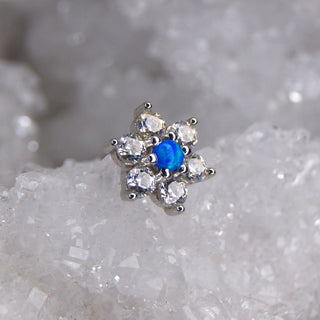 junipurr jewelry 14k white gold flower blue opal fauxpal faux-pal piercing earring cz swarovski cubic zirconia push fit threadless