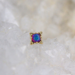 anatometal zia beaded 18k karat carat yellow gold threadless piercing jewellery attachment with purple fauxpal tribead piercings earrings