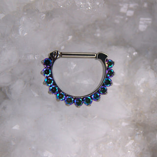 Industrial strength odyssey clicker hinge daith septum ring iridescent holographic duochrome safe body jewellery jewelry piercing piercings cz swarovski cardiff shine cz purple green