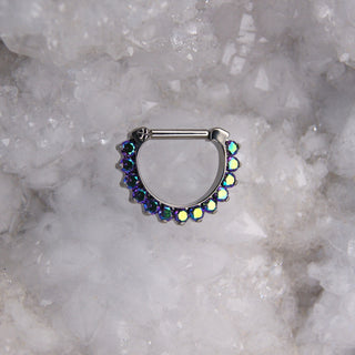 Industrial strength odyssey clicker hinge daith septum ring iridescent holographic duochrome safe body jewellery jewelry piercing piercings cz swarovski cardiff shine cz purple green