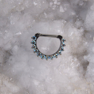 Industrial strength odyssey clicker hinge daith septum ring iridescent holographic duochrome safe body jewellery jewelry piercing piercings cz swarovski cardiff shimmer cz blue yellow pink