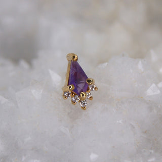 BUDDHA JEWELLERY JEWELRY GENUINE STONE KITE CUT AMETHYST AND CZ THREADLESS PUSH FIT CLUSTER PIERCING 14K GOLD