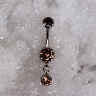 brown swarovski triple gem dangle charm navel bar industrial strength 14g 1.6mm internally threaded implant grade titanium curve