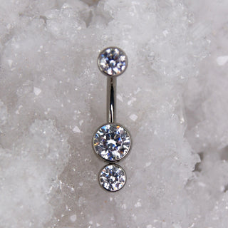 white cz swarovski triple gem navel bar industrial strength 14g 1.6mm internally threaded implant grade titanium curve