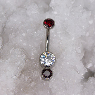 ruby and white cz swarovski triple gem navel bar industrial strength 14g 1.6mm internally threaded implant grade titanium curve