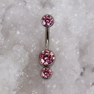 pink cz swarovski triple gem navel bar industrial strength 14g 1.6mm internally threaded implant grade titanium curve