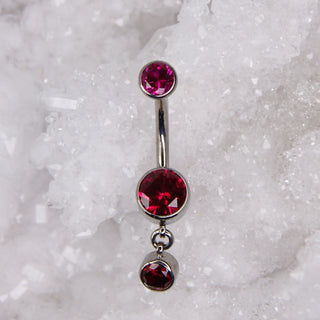 ruby swarovski triple gem dangle charm navel bar industrial strength 14g 1.6mm internally threaded implant grade titanium curve