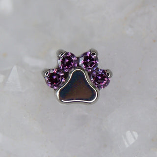 industrial strength paw print with swarovski gems implant grade titanium internally threaded 18g 16g 1mm 1.2mm fancy purple lilac violet cz