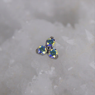 triple gem trinity triangular threadless push fit jewelry attachment implant grade titanium aurora borealis duochrome multichrome iridescentswarovski cz gem piercings jewellery