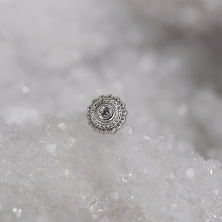 BVLA Body vision los angeles threadless push fit pin attachment 14k gold with genuine white clear swarovski afghan milgrain textured beaded bohemian white gold