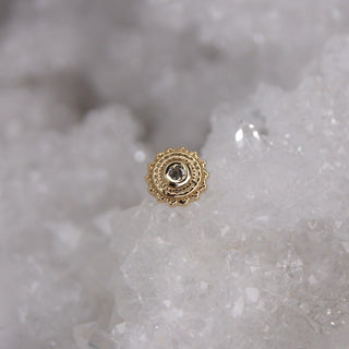 BVLA Body vision los angeles threadless push fit pin attachment 14k gold with genuine white clear swarovski afghan milgrain textured beaded bohemian yellow gold