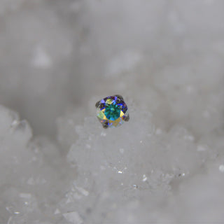prong set gem round threadless push fit implant grade titanium attachment aurora borealis rainbow iridescent duochrome multichrome holographic cz swarovski body jewellery jewelry