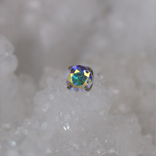 prong set gem round threadless push fit implant grade titanium attachment aurora borealis rainbow iridescent duochrome multichrome holographic cz swarovski body jewellery jewelry