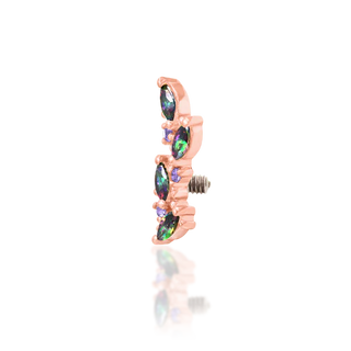 ANDREIA By Junipurr Jewellery. Marquise cut genuine natural mystic topaz and blue CZ internally threaded 14g vine style jewellery gift for him for her for piercing lovers. 14k rose gold.