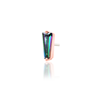 Mystic topaz iridescent purple/green duochrome multichrome tapered baguette genuine natural stone in tapered baguette shape by junipurr jewellery. set in 14k rose gold threadless push fit attachment,