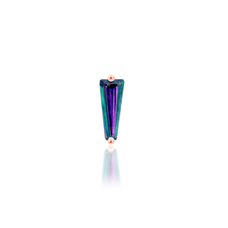 Mystic topaz iridescent purple/green duochrome multichrome tapered baguette genuine natural stone in tapered baguette shape by junipurr jewellery. set in 14k rose gold threadless push fit attachment,