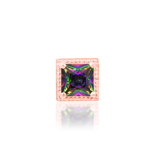 genuine natural mystic topaz threadless push fit piercing jewelry attachment from junipurr jewelry princess cut square rhombus faceted gem with milgrain rim setting bezel in 14k rose gold
