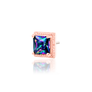 genuine natural mystic topaz threadless push fit piercing jewelry attachment from junipurr jewelry princess cut square rhombus faceted gem with milgrain rim setting bezel in 14k rose gold