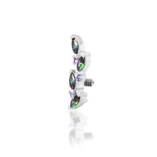 ANDREIA By Junipurr Jewellery. Marquise cut genuine natural mystic topaz and blue CZ internally threaded 14g vine style jewellery gift for him for her for piercing lovers. 14k white gold.