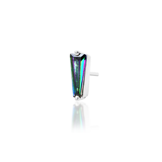 Mystic topaz iridescent purple/green duochrome multichrome tapered baguette genuine natural stone in tapered baguette shape by junipurr jewellery. set in 14k white gold threadless push fit attachment,