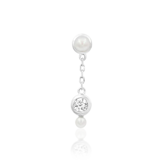 junipurr jewellery lala chain threadless push fit attachment. genuine freshwater pearls with cz gem. dangling earring with charm. 14k white gold