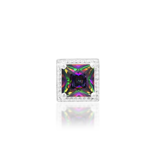 genuine natural mystic topaz threadless push fit piercing jewelry attachment from junipurr jewelry princess cut square rhombus faceted gem with milgrain rim setting bezel in 14k white gold