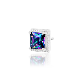 genuine natural mystic topaz threadless push fit piercing jewelry attachment from junipurr jewelry princess cut square rhombus faceted gem with milgrain rim setting bezel in 14k white gold