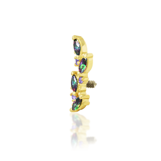 ANDREIA By Junipurr Jewellery. Marquise cut genuine natural mystic topaz and blue CZ internally threaded 14g vine style jewellery gift for him for her for piercing lovers. 14k yellow gold.