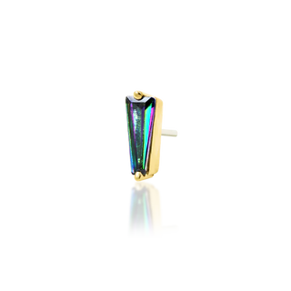 Mystic topaz iridescent purple/green duochrome multichrome tapered baguette genuine natural stone in tapered baguette shape by junipurr jewellery. set in 14k yellow gold threadless push fit attachment,