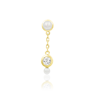 junipurr jewellery lala chain threadless push fit attachment. genuine freshwater pearls with cz gem. dangling earring with charm. 14k yellow gold