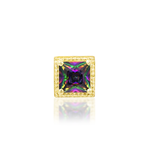 genuine natural mystic topaz threadless push fit piercing jewelry attachment from junipurr jewelry princess cut square rhombus faceted gem with milgrain rim setting bezel in 14k yellow gold