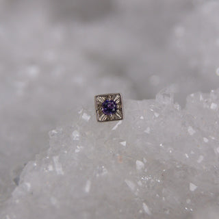 Local natives jewellery fancy engraved square push fit attachment with engraving and genuine stone 14k white gold and blue spinel