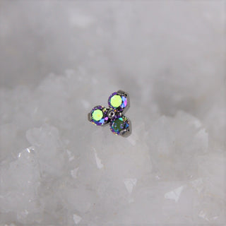 triple gem trinity triangular threadless push fit jewelry attachment implant grade titanium paradise shine iridescent duochrome green purple swarovski cz gem piercings jewellery