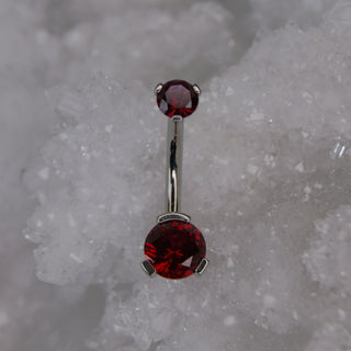 ruby swarovski double gem prong set navel bar industrial strength 14g 1.6mm internally threaded implant grade titanium curve