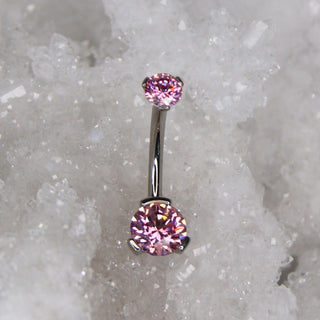 pink swarovski double gem prong set navel bar industrial strength 14g 1.6mm internally threaded implant grade titanium curve