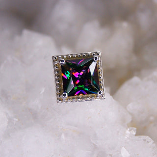 genuine natural mystic topaz threadless push fit piercing jewelry attachment from junipurr jewelry princess cut square rhombus faceted gem with milgrain rim setting bezel in 14k white gold
