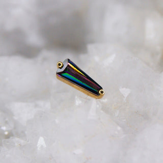 Mystic topaz iridescent purple/green duochrome multichrome tapered baguette genuine natural stone in tapered baguette shape by junipurr jewellery. set in 14k white gold threadless push fit attachment, YELLOW