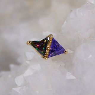Junipurr Jewellery Queen Mystic Threadless Attachment stacked triangle light purple cz and genuine natural mystic topaz with beaded accent prong set triangular stone 14k yellow gold