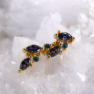 ANDREIA By Junipurr Jewellery. Marquise cut genuine natural mystic topaz and blue CZ internally threaded 14g vine style jewellery gift for him for her for piercing lovers. 14k white gold.