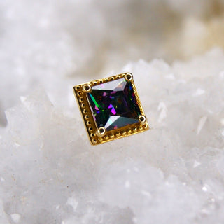 genuine natural mystic topaz threadless push fit piercing jewelry attachment from junipurr jewelry princess cut square rhombus faceted gem with milgrain rim setting bezel in 14k white gold