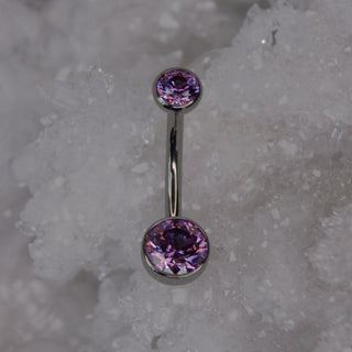fancy purple cz double gem navel bar industrial strength 14g 1.6mm internally threaded implant grade titanium curve swarovski