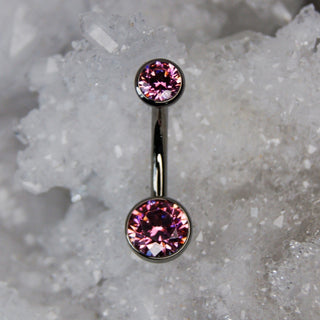 pink swarovski double gem navel bar industrial strength 14g 1.6mm internally threaded implant grade titanium curve