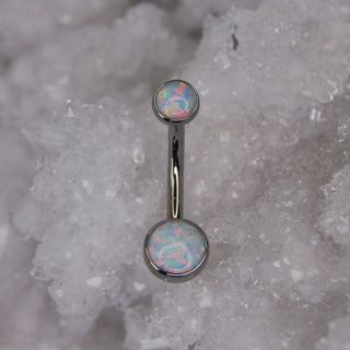white opal double gem navel bar industrial strength 14g 1.6mm internally threaded implant grade titanium curve