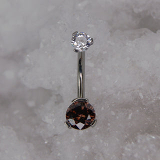 white clear and brown swarovski double gem prong set navel bar industrial strength 14g 1.6mm internally threaded implant grade titanium curve