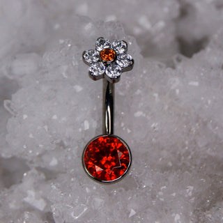 flower shaped navel bar orange and clear white swarovski double gem prong set navel bar industrial strength 14g 1.6mm internally threaded implant grade titanium curve