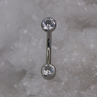 white clear swarovski double gem bezel set navel bar industrial strength 14g 1.6mm internally threaded implant grade titanium curve