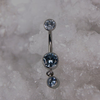 greyish blue triple gem dangle charm navel bar industrial strength 14g 1.6mm internally threaded implant grade titanium curve